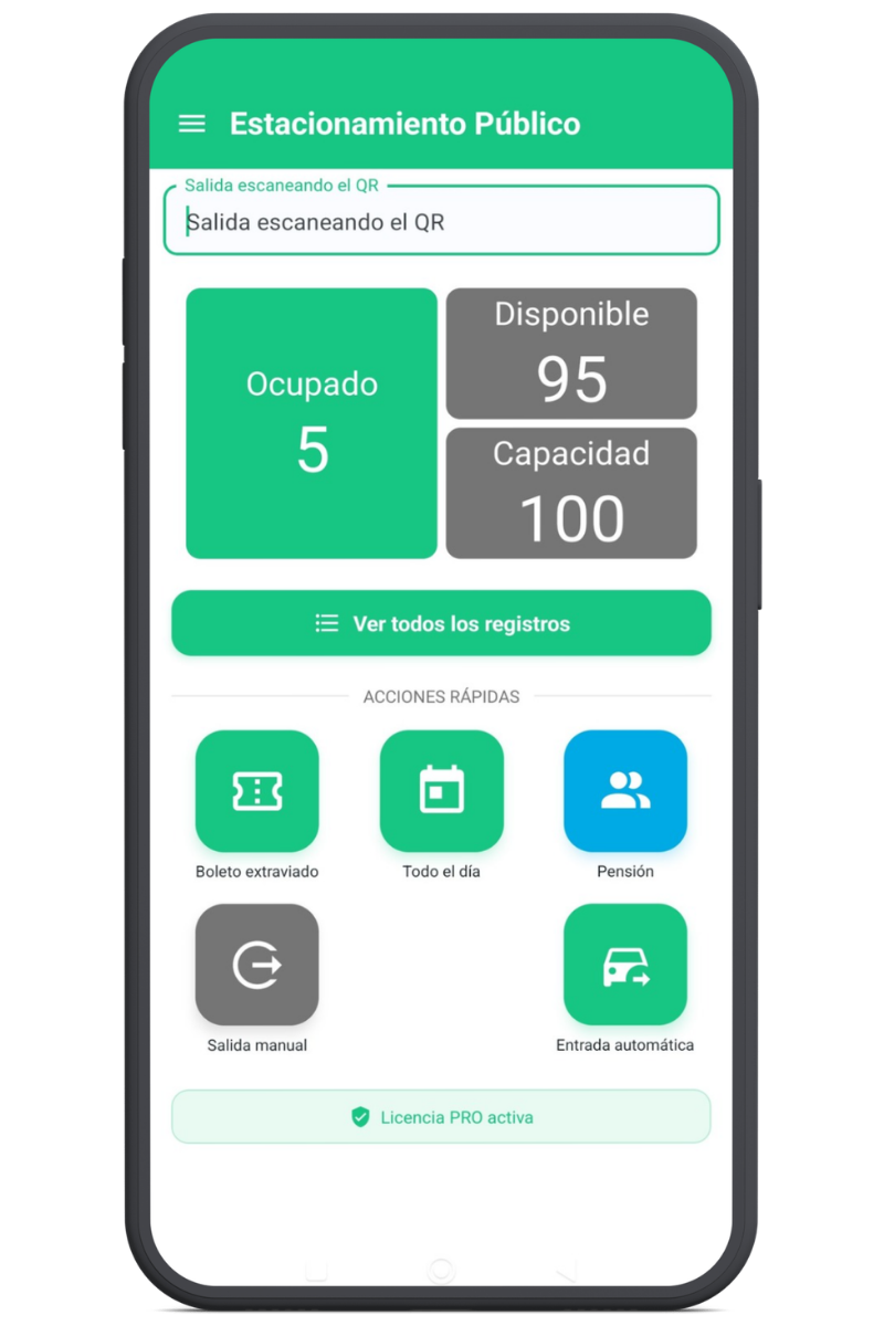 Vista de la aplicación ParkeaYa mostrando el control de espacios disponibles
